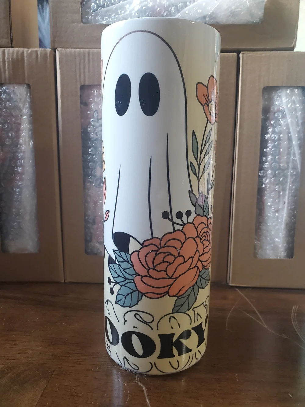 Floral Ghost Stainless Tumbler - White with Peach & Green Accents